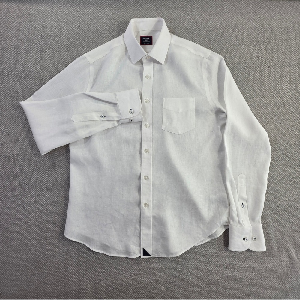 UNTUCKit Vin Santo Bright White WR 100% Linen Slim Fit Shirt Mens Small EUC